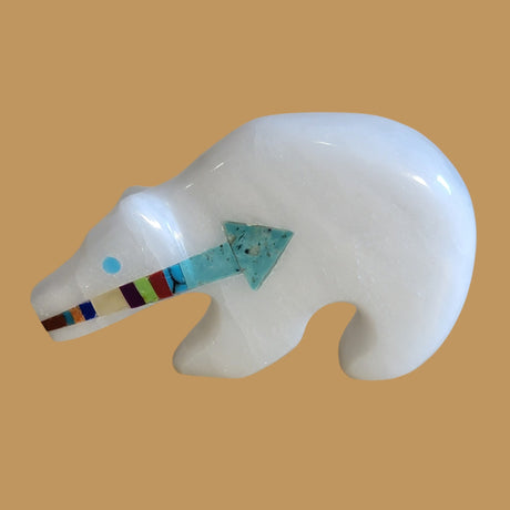 Powerful White Alabaster Bear w/Fancy Heartline Zuni Fetish