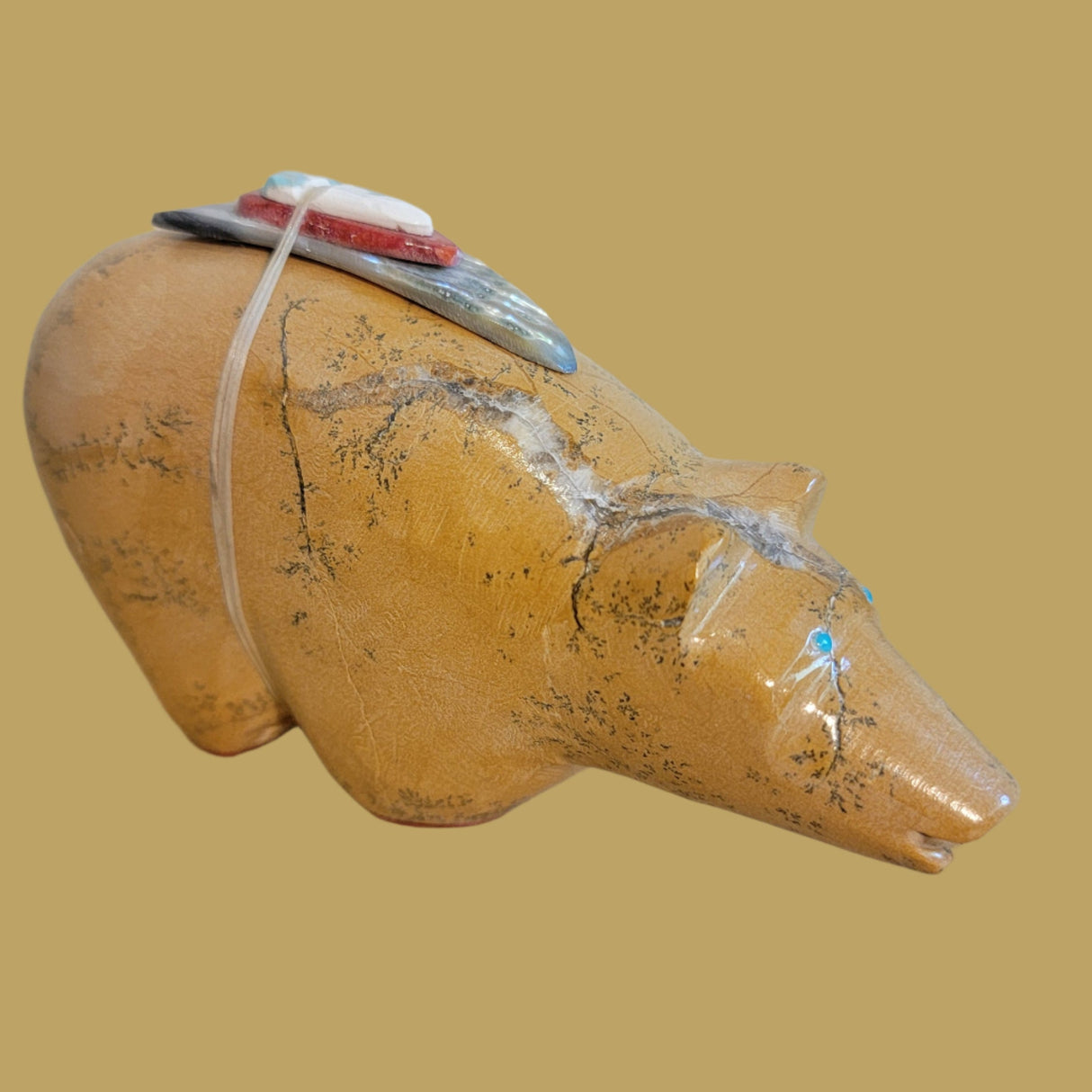 Large Zuni Stone/Travertine Bear with Colorful Pack and Paws Zuni Fetish