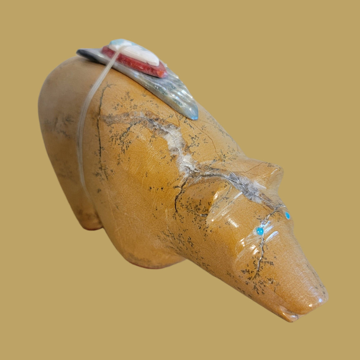 Large Zuni Stone/Travertine Bear with Colorful Pack and Paws Zuni Fetish