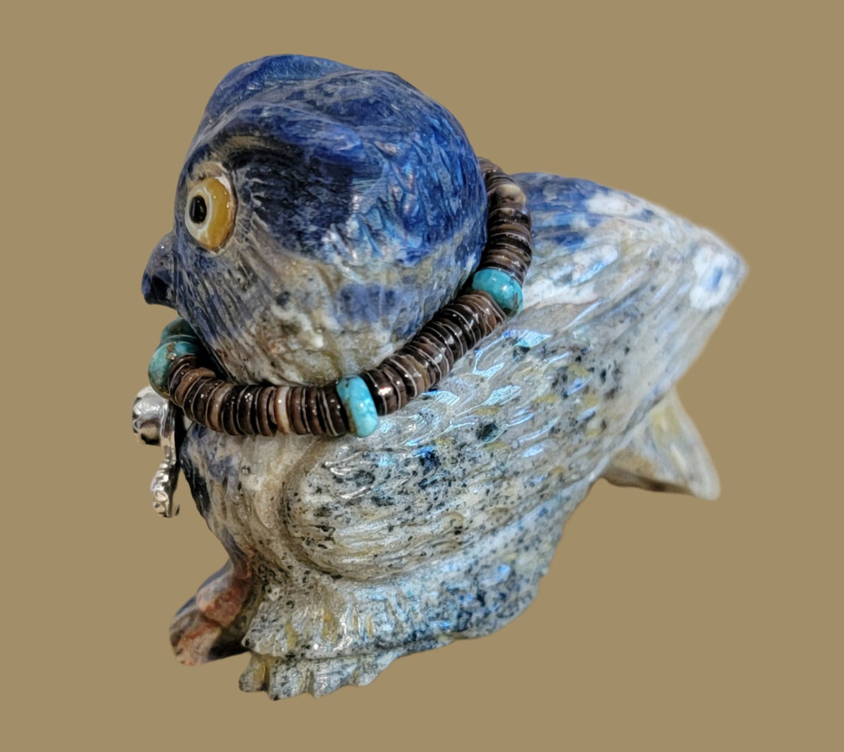 Sunset Sodalite Great Horned Owl with "Bling" Zuni Fetish