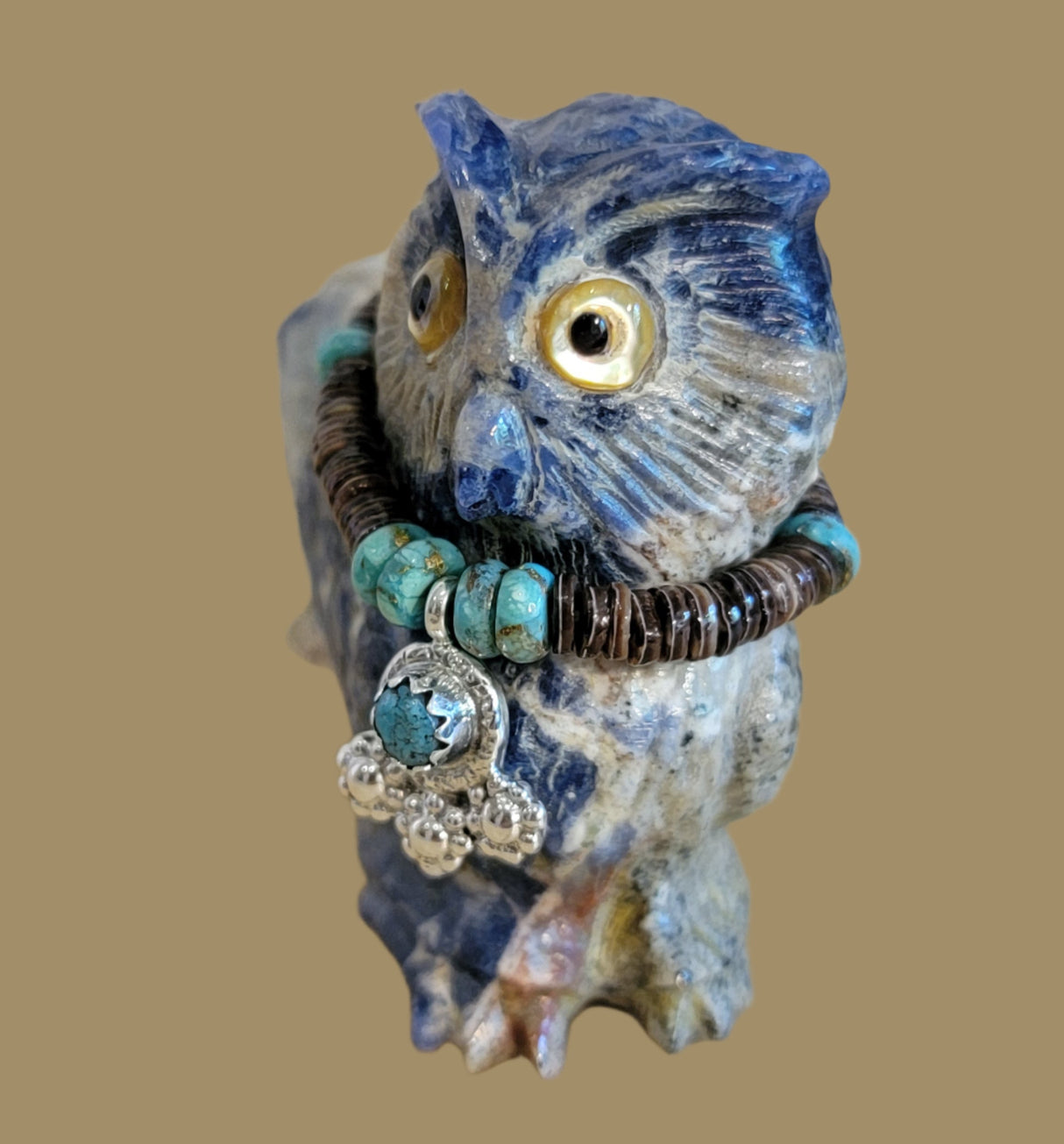 Sunset Sodalite Great Horned Owl with "Bling" Zuni Fetish