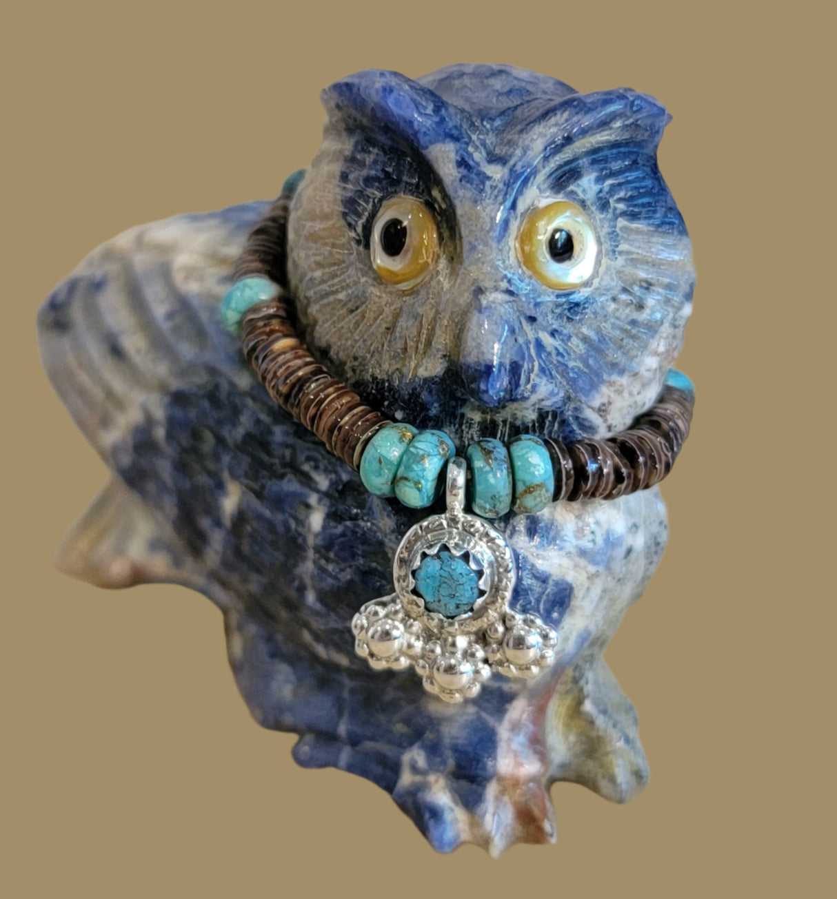 Sunset Sodalite Great Horned Owl with "Bling" Zuni Fetish