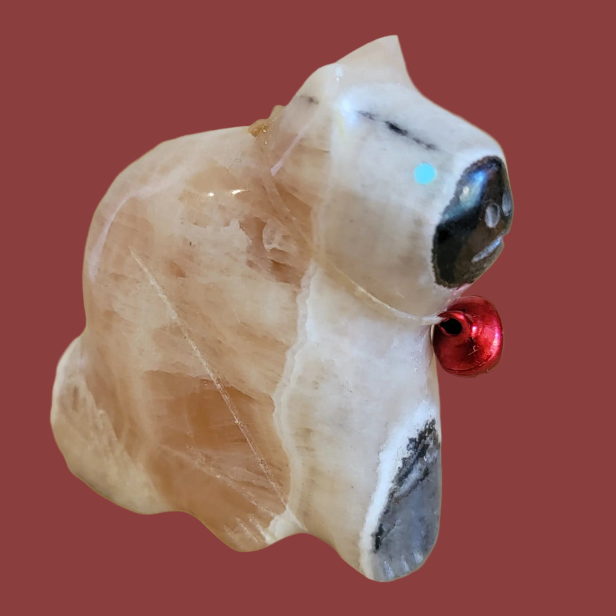 Onyx Kitty Cat w/ Red Jingle Bell Collar Zuni Fetish is Purr-fect for the Holidays