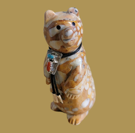 Tijillite Bear Snazzy Dude w/Sterling Silver Turquoise and Coral Bolo Tie Zuni Fetish