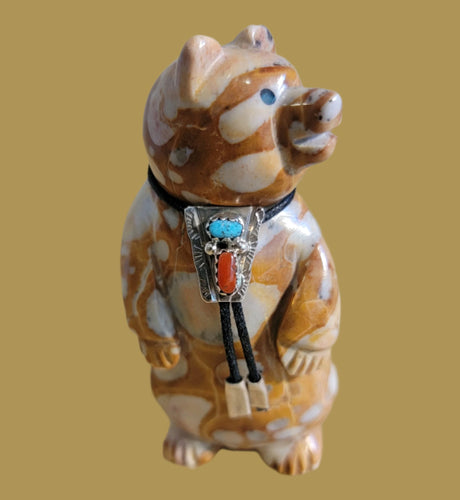 Tijillite Bear Snazzy Dude w/Sterling Silver Turquoise and Coral Bolo Tie Zuni Fetish