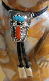 Tijillite Bear Snazzy Dude w/Sterling Silver Turquoise and Coral Bolo Tie Zuni Fetish