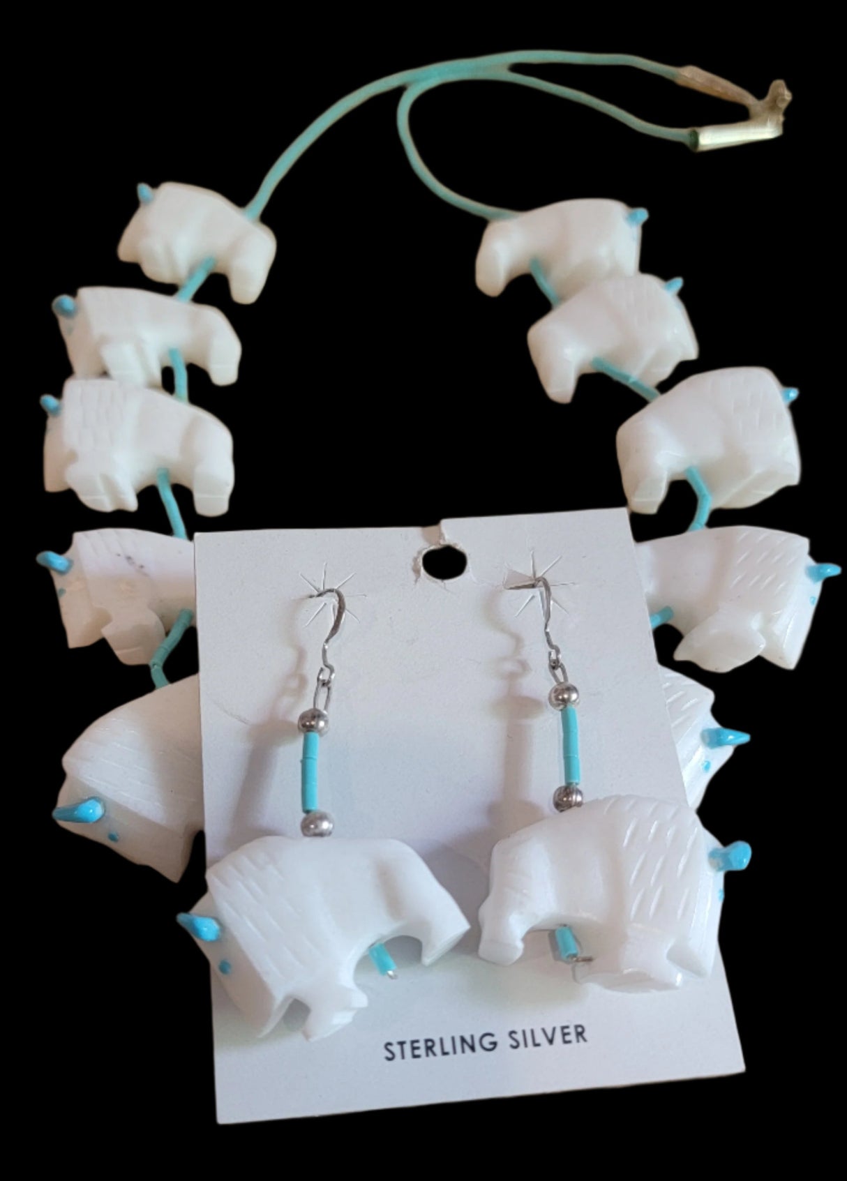 Thirteen Total White Bison/Buffalo Zuni Fetish Necklace and Earrings Set Indian Jewelry