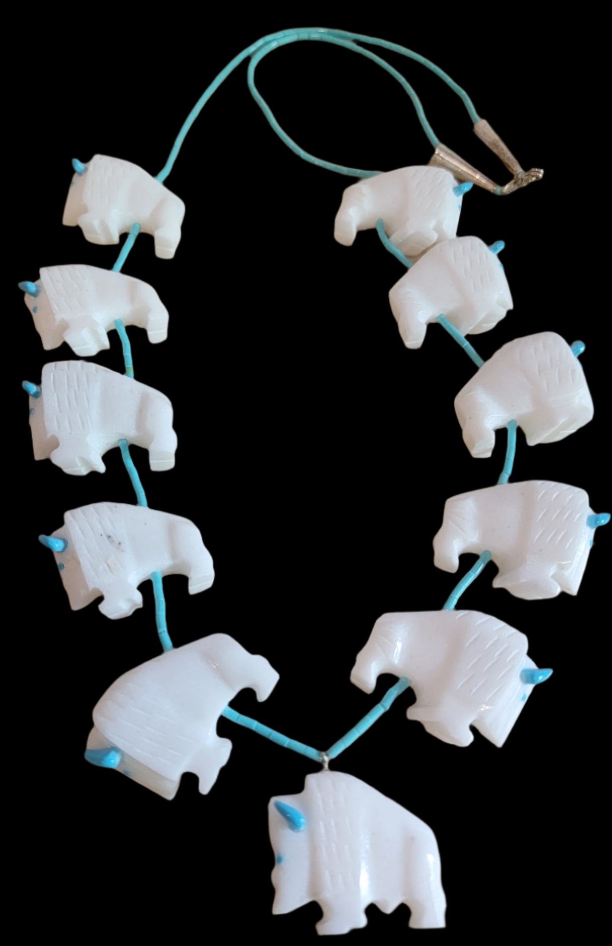 Thirteen Total White Bison/Buffalo Zuni Fetish Necklace and Earrings Set Indian Jewelry