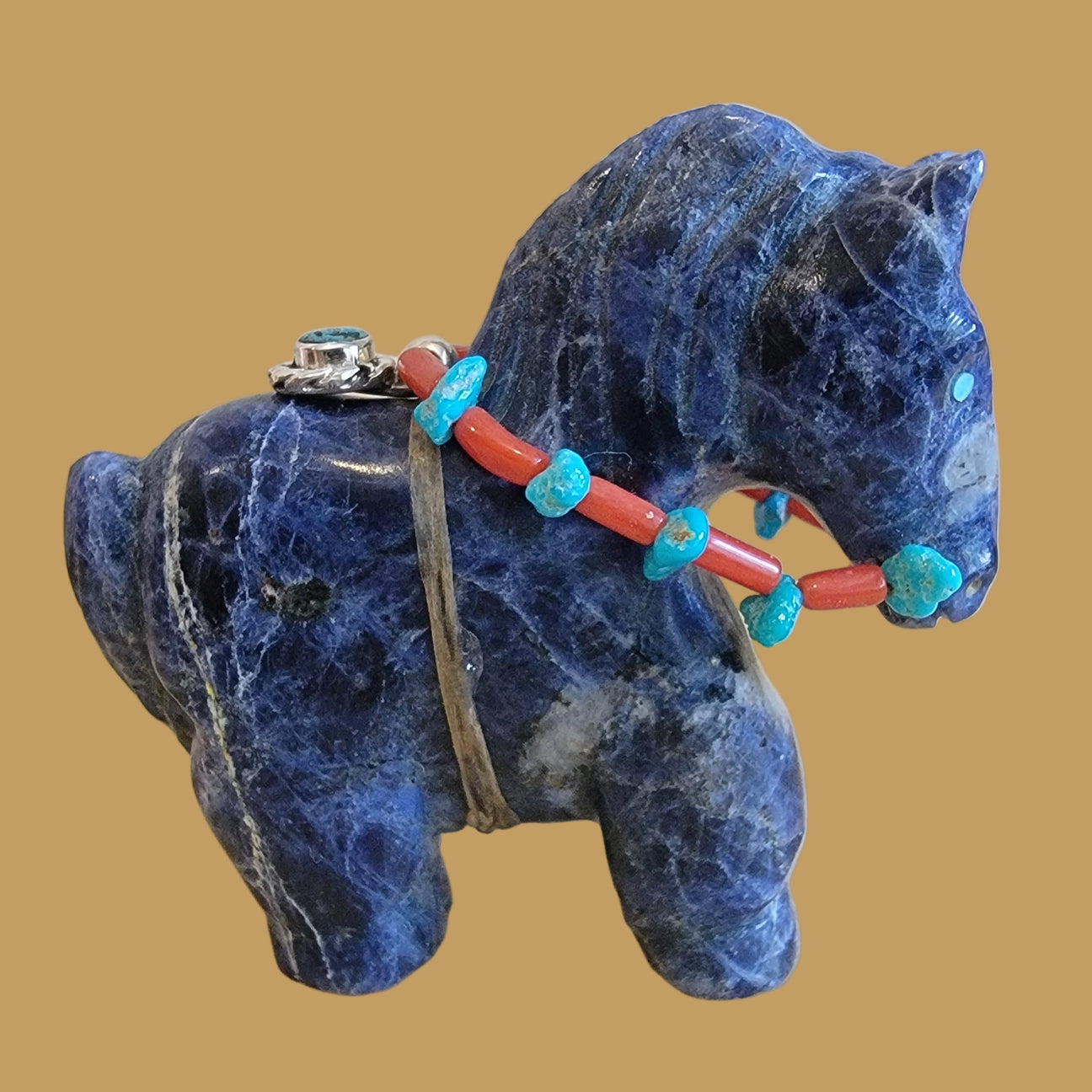 Fancy Sodalite Pony/Horse w/ Sterling Jewelry and Amazing Bridle Zuni Fetish