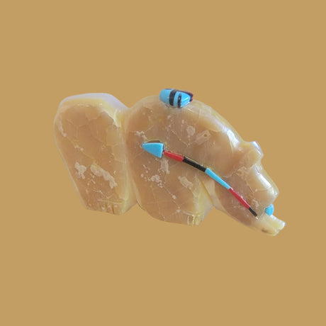 Mother of Pearl/ Gold Lip Grizzly Bear w/Heartline and Zuni Sun Zuni Fetish