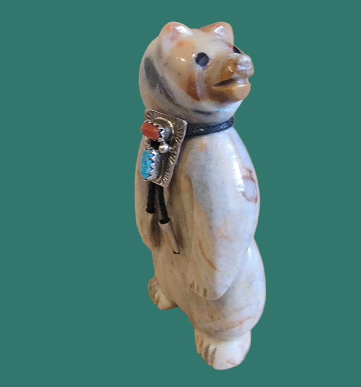 Proud Bear w/Sterling, Coral and Turquoise Bolo Tie Zuni Fetish