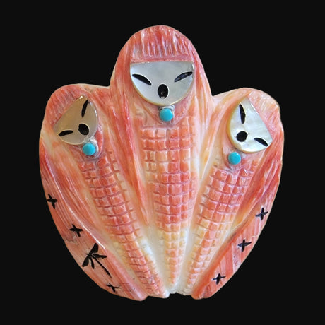 Elegant Triple Corn Maidens on Spiny Oyster Shell Zuni Fetish