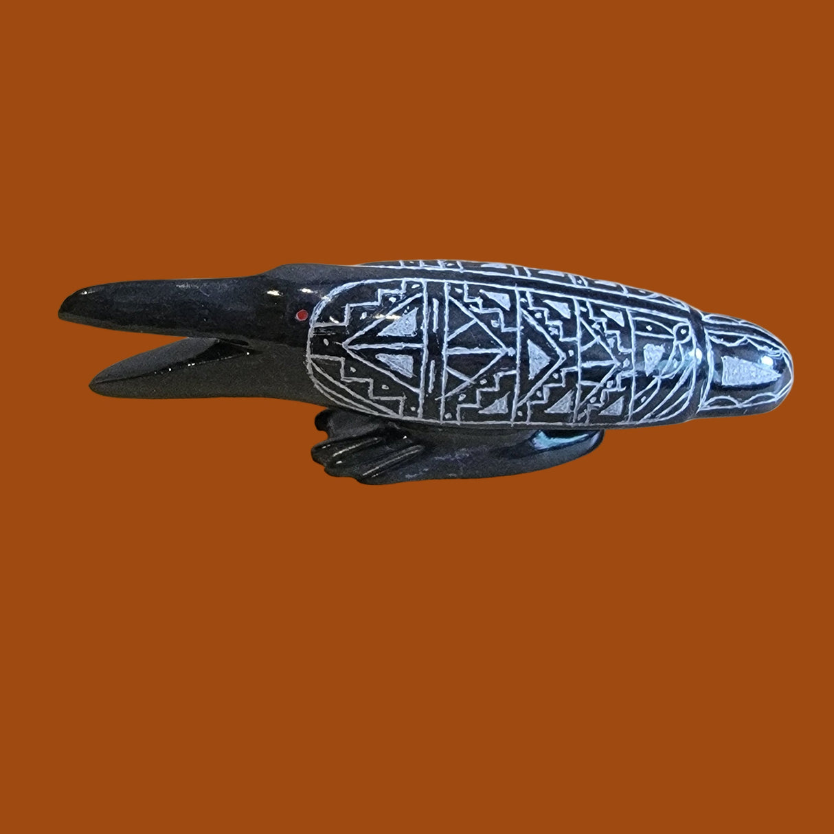 "Quote the Raven Nevermore" Black Marble Etched Raven Zuni Fetish