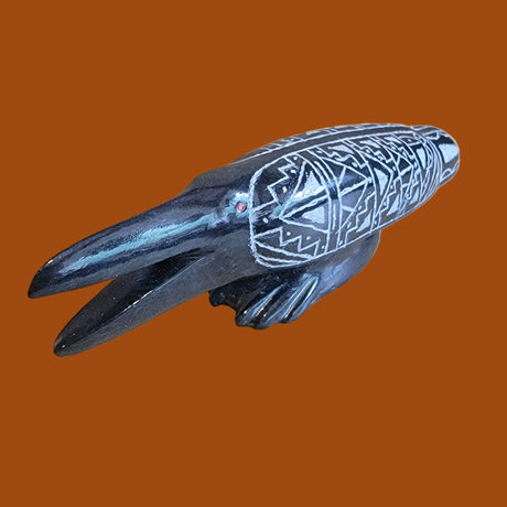 "Quote the Raven Nevermore" Black Marble Etched Raven Zuni Fetish