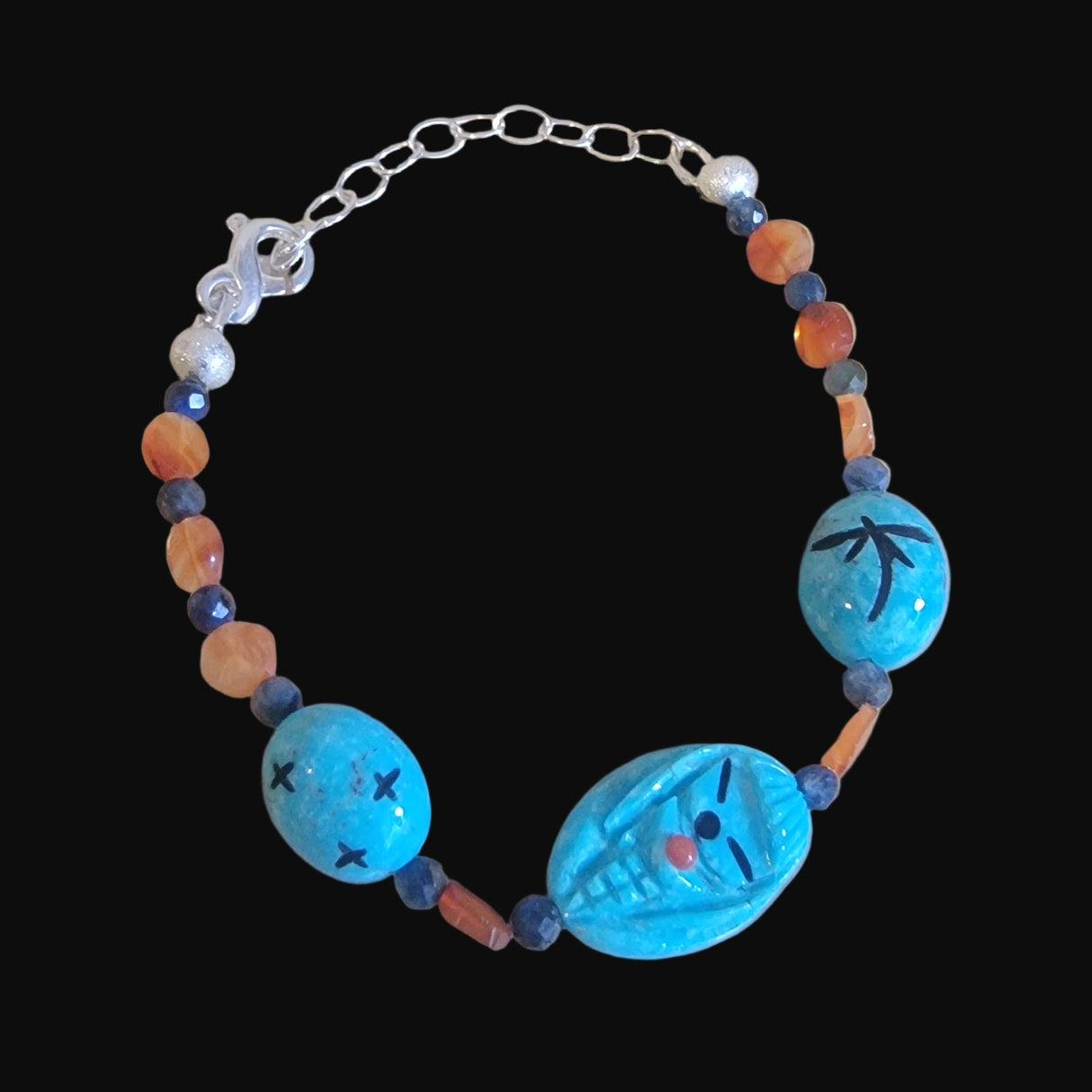 Nacozari Turquoise, Kyanite and Carnelian Bracelet w/Zuni Maiden/Dragonflies and Stars Indian Jewelry