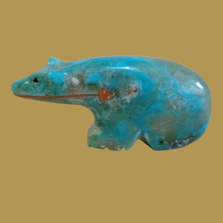Long Necked Turquoise Bear w/Coral Heartline Zuni Fetish