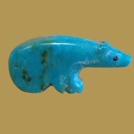 Long Necked Turquoise Bear w/Coral Heartline Zuni Fetish