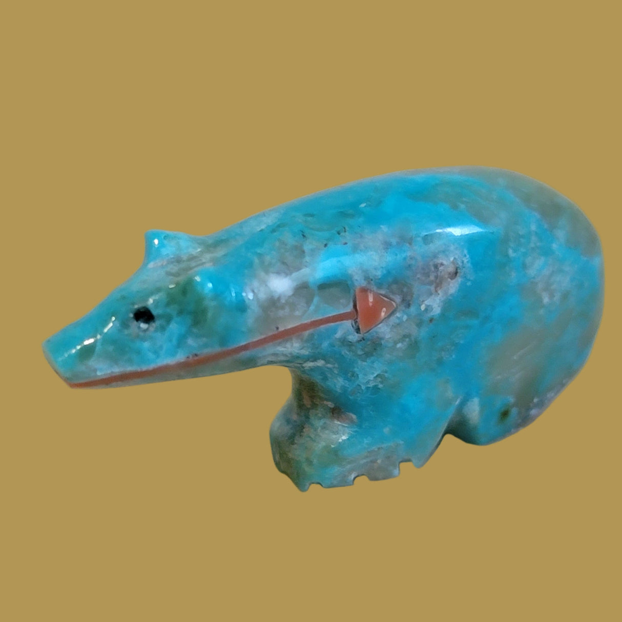 Long Necked Turquoise Bear w/Coral Heartline Zuni Fetish