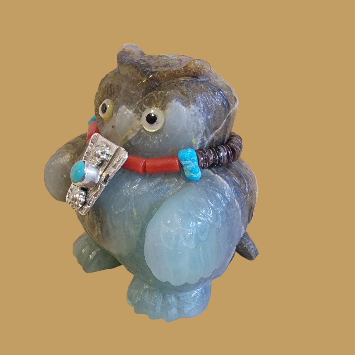 Fluorite Chubby Owl w/Turquoise and Silver Jewelry Zuni Fetish