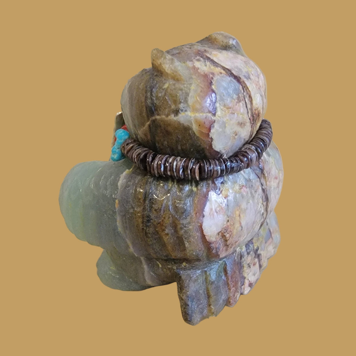 Fluorite Chubby Owl w/Turquoise and Silver Jewelry Zuni Fetish