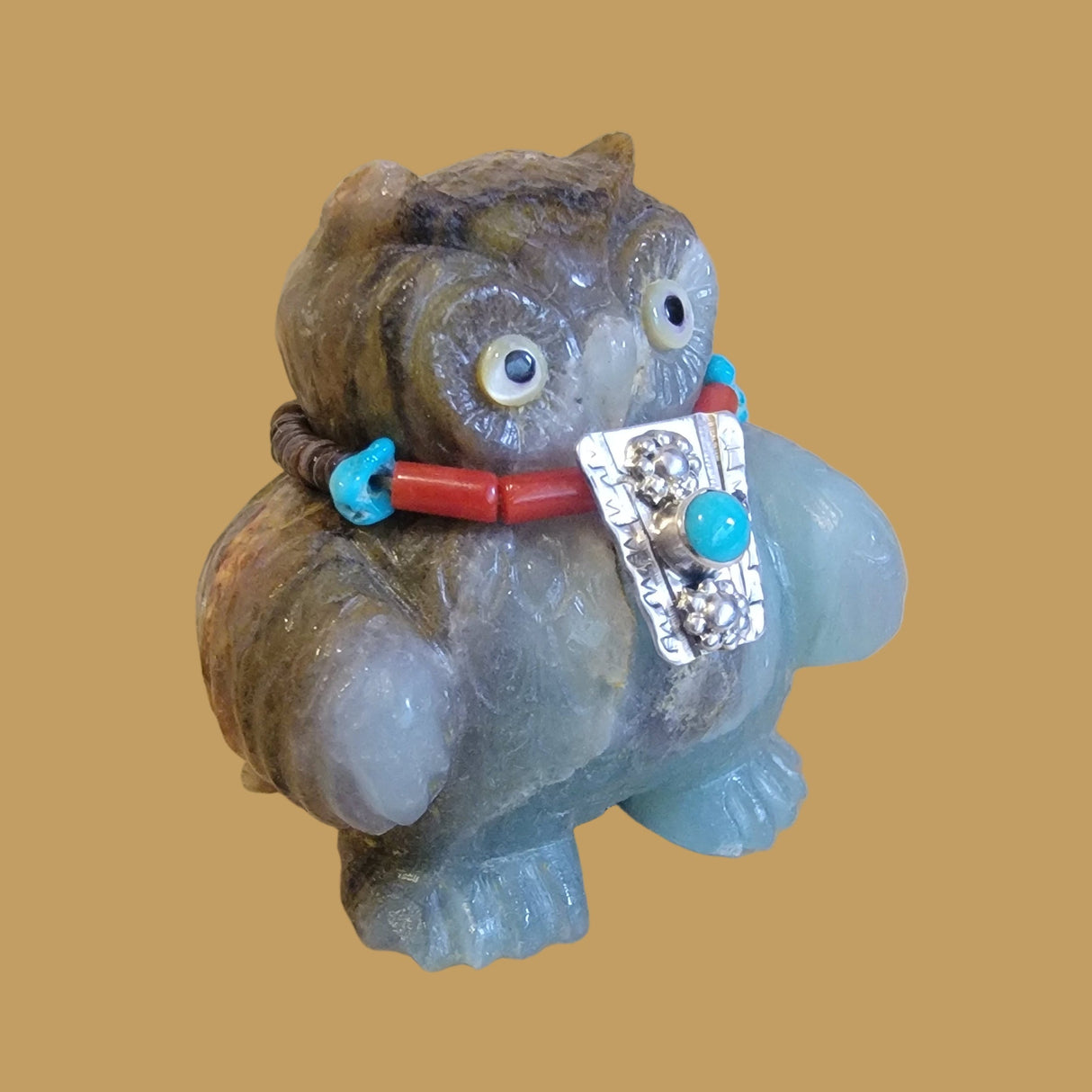 Fluorite Chubby Owl w/Turquoise and Silver Jewelry Zuni Fetish