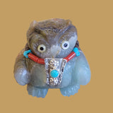 Fluorite Chubby Owl w/Turquoise and Silver Jewelry Zuni Fetish