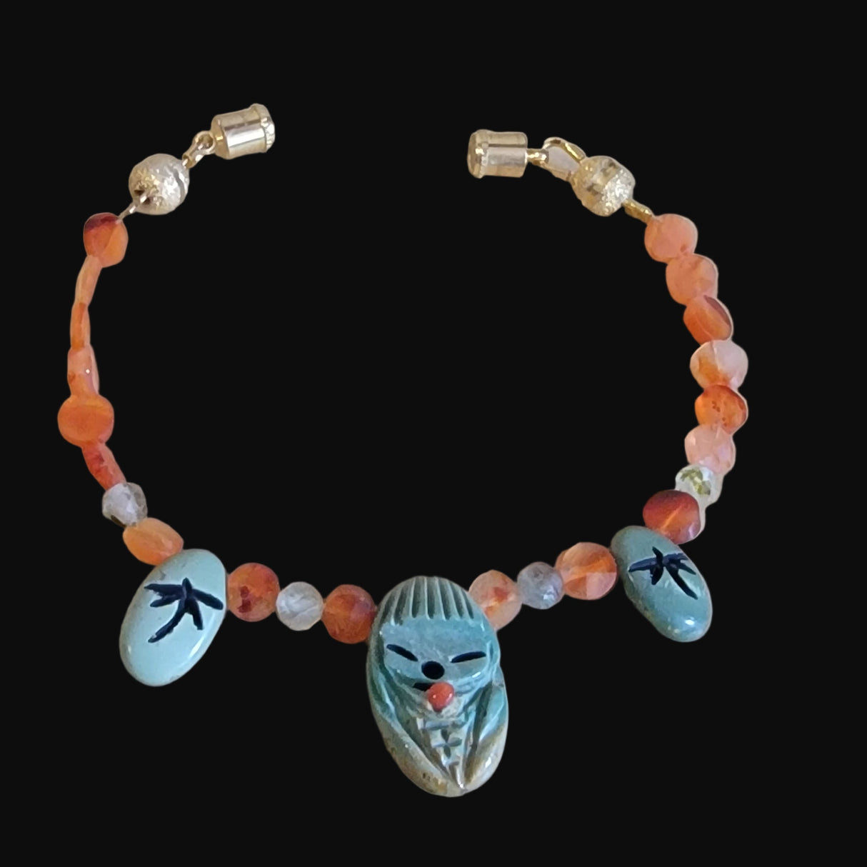 Campo Frio Turquoise Zuni Maiden w/Dragonflies and Stars, Carnelian and Prehnite Bracelet Indian Jewelry