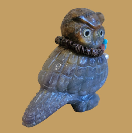 Zuni Fetish Fluorite Owl w/Sterling and Turquoise Pendant