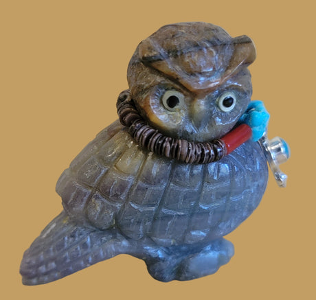 Zuni Fetish Fluorite Owl w/Sterling and Turquoise Pendant