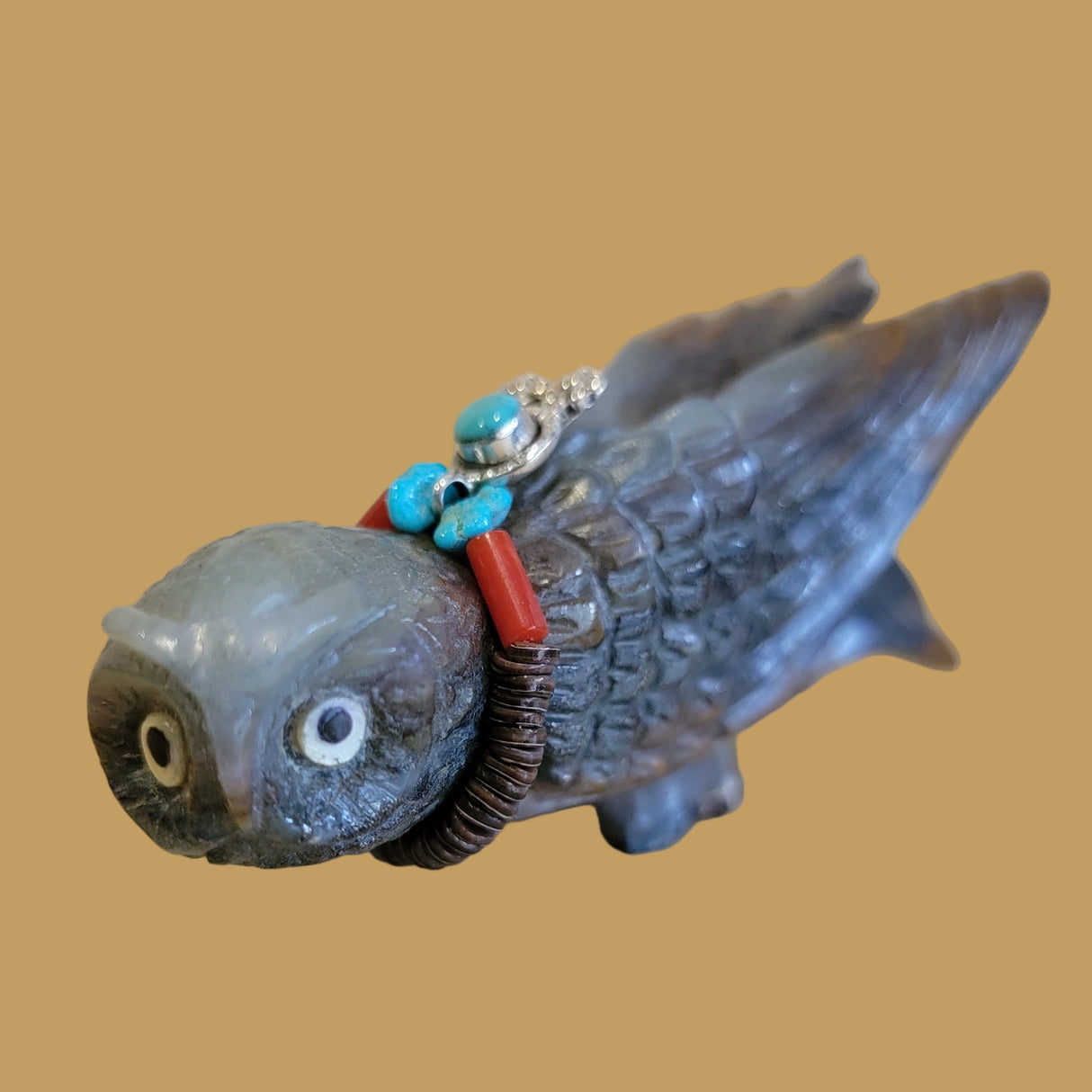 Long Winged and Watchful Fluorite Owl w/ Sterling Silver Pendant Zuni Fetish