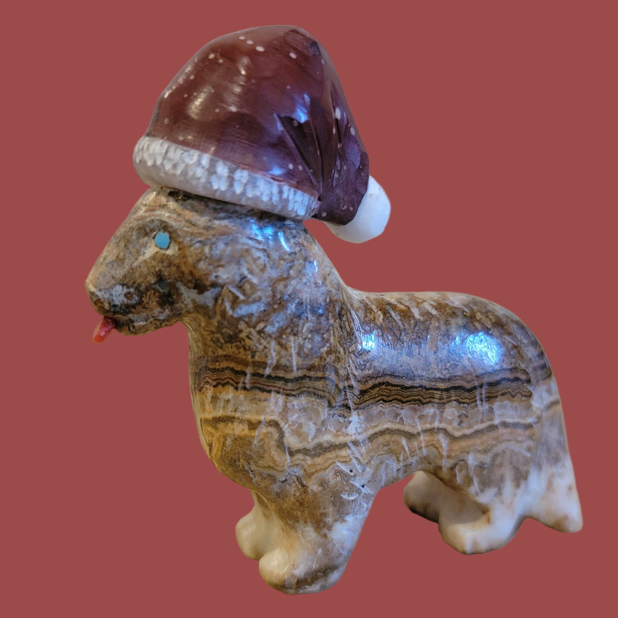 Adorable Onyx Santa Lassie Pup/ Dog with Pipestone Hat Zuni Fetish