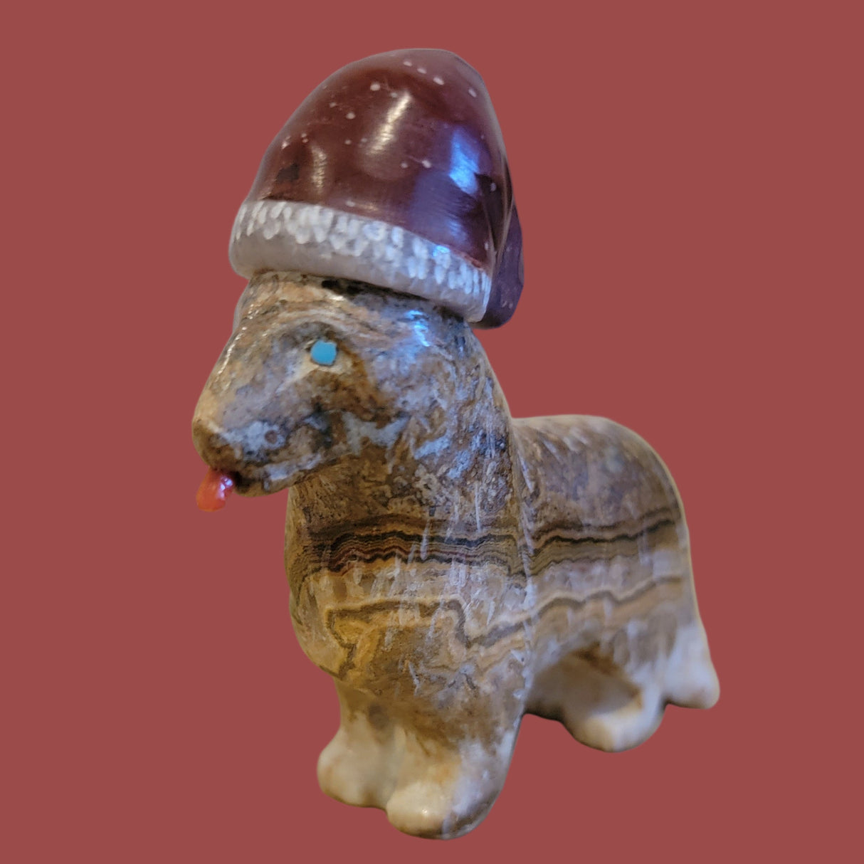 Adorable Onyx Santa Lassie Pup/ Dog with Pipestone Hat Zuni Fetish