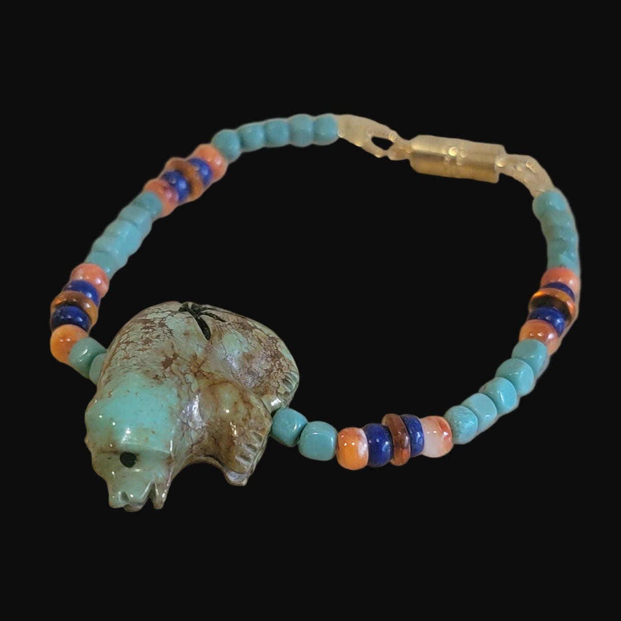 Campo Frio Turquoise Zuni Fetish Bear w/ Gemstones Bracelet Indian Jewelry